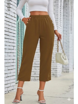 Flamex Kadın Beli Lastikli Düğme ve Cep Detaylı Kapri Ithal Keten Pantolon