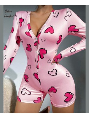 Intive Lingerie Intive Comfort Önü Düğmeli Şortlu Kalp Desen Detaylı Pembe Şirin Tulum Gecelik