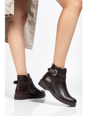 Arda Bayan Bot 165-204/1 Kahve Kroko Toka Aksesuarlı Fermuarlı Günlük Kadın Bot