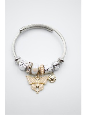 Çelik Charmlı Kelebek Bileklik - Beyaz