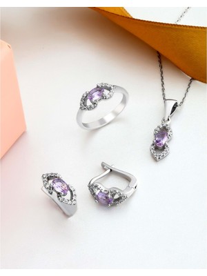 By More Ametist Rengi Oval Taşlı Zarif Pırlanta Modeli Gümüş Takı Seti
