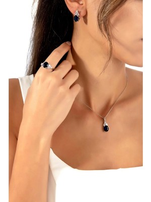 By More 925 Ayar Safir Rengi Oval Taşlı Gümüş Takı Seti - 20
