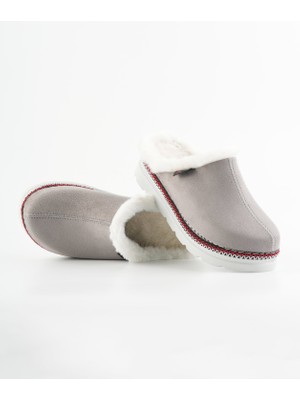 Dr. Klompa Kadın Terlik Peluş Astarlı Kışlık Ev Terliği Kaymaz Taban Günlük Rahat Açık Gri Terlik