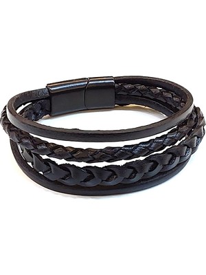 Herşey Nota Black Multi Braid – Çok Katmanlı Örgü Detaylı Siyah Erkek Deri BILEKLIK-1414
