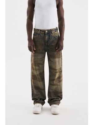 Machinist Erkek Pigment Kaplama Efektli Baggy Jean Pantolon Mavi-Kahverengi