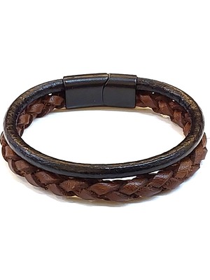 Herşey Nota Classic Braid Duo – Kahverengi Örgü & Siyah Bant Detaylı Erkek Deri BILEKLIK-1415