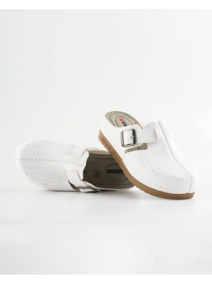 Dr. Klompa Kadın Beyaz Sabo Terlik Tokalı Kapalı Burun Delikli Rahat Taban Günlük Iş Terliği