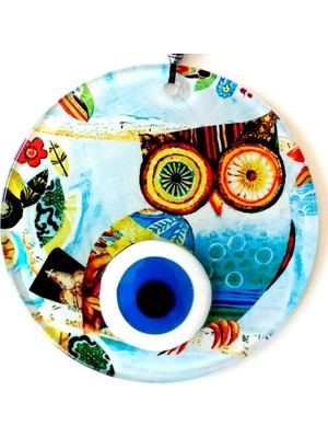 Pazarcan Bilgin Baykuş Nazar Boncuklu 12 Santimetre Füzyon Cam Duvar Süsü