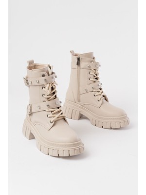 Arda Bayan Bot 842-03 Bej Bağcıklı Kalın Tabanlı Bağcıklı Fermuarlı Günlük Kadın Bot