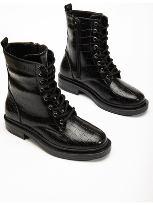 Arda Bayan Bot 2024-2289 Siyah Kroko Bağcıklı Fermuarlı Günlük Kadın Bot