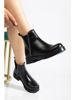 Arda Bayan Bot 02-02 Siyah Kırışık Rugan Taş Aksesuarlı Lastikli Günlük Kadın Bot