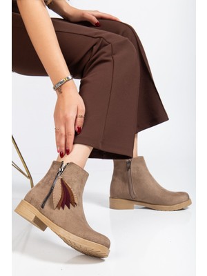 Arda Bayan Bot 165-205 Vizon Süet  Yaprak Desenli Fermuarlı Günlük Kadın Bot