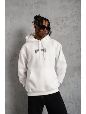 Flamex Erkek Kordon Ipli Baskılı Kapüşonlu Sweatshirt - Beyaz