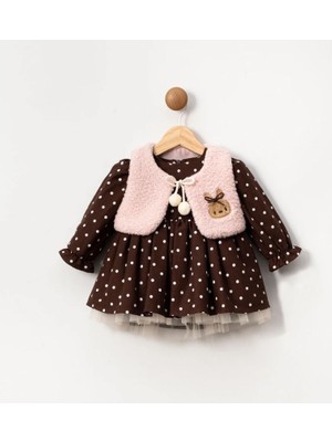 Butik Kız Bebek Polar Yelekli Pamuklu Puantiyeli Elbise Özel Tasarım Pamuk Astarlı