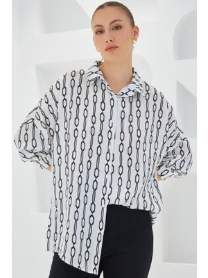 Siyah Beyaz Desenli Oversize Saten Gömlek 3985