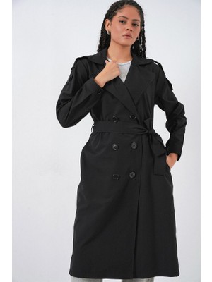 Kruvaze Yaka Trençkot 5978 - Siyah