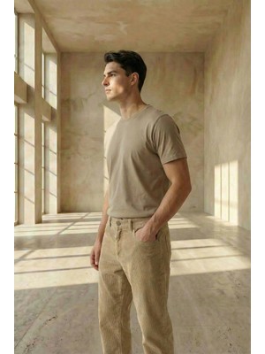 Little Cup Jeans Co  Erkek  Baggy Fit Rahat Kalıp Kadife Bej Pantolon