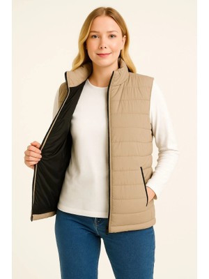 Şişme Fermuarlı Yelek Su Itici Kapitone Astarlı Kumaş Cepli Hafif Kışlık Spor Rahat Kalıp - Bej