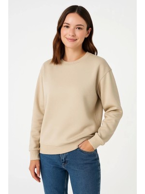 Flamex Üç Iplik Düz Bisiklet Yaka Sweatshirt - Bej