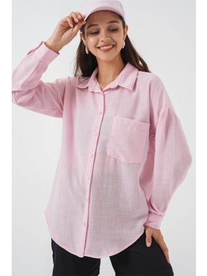 20153 Tek Cepli Oversize Keten Gömlek - A.pudra