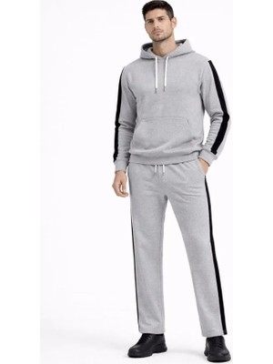 Erkek Şeritli Eşofman Takım Kapüşonlu Sweatshirt Boru Paça Alt, Oversize 3 Iplik Pamuklu - Gri