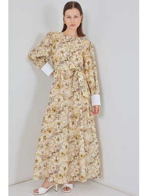 Kuşaklı Uzun Elbise 2584 - B.sarı