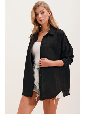 20153 Tek Cepli Oversize Keten Gömlek - Siyah
