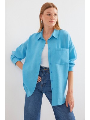 20153 Tek Cepli Oversize Keten Gömlek - Açık Mavi