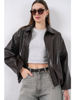 Oversize Suni Deri Ceket 1049 - Kahverengi