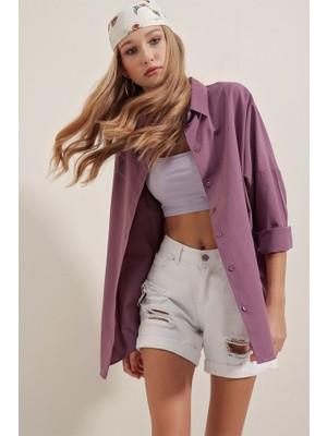 3900 Oversize Uzun Basic Gömlek - Koyu Lila