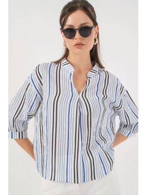 Çizgili Oversize Bluz 967 - Lacivert