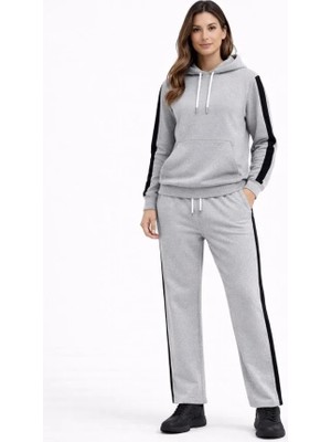 Kadın Yandan Şeritli Eşofman Takım Kapüşonlu Sweatshirt Boru Paça Alt, Oversize 3 Iplik Pamuklu - Gri
