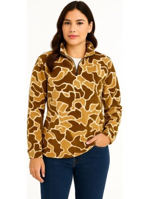 Kadın Yarım Fermuarlı Desenli Polar Sweat Yakalı, Uzun Kollu, Oversize Rahat Kalıp - Kahverengi