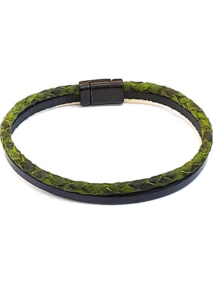 Herşey Nota Olive Pure Braid – Yeşil Örgü Detaylı Siyah Erkek Hakiki Deri BILEKLIK-1411