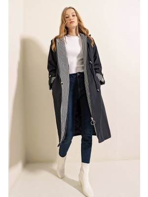 9091 Beli Büzgülü Kapşonlu Trençkot - Lacivert