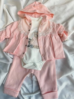 bebexy  Ceketli Alt Üst Takım 3 Parça Pembe Ayıcıklı