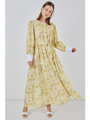 Kuşaklı Uzun Elbise 2584 - Sarı