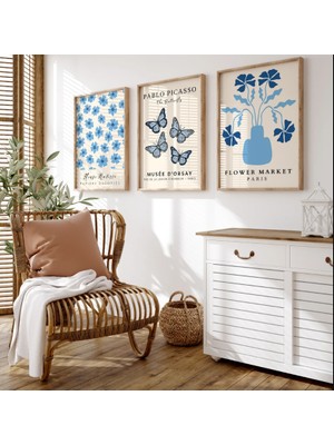 Pam Studio Matisse & Picasso Tarzı 3’lü Ahşap Çerçeveli Tablo Seti – Mavi Minimalist Modern Duvar Dekoru Poster