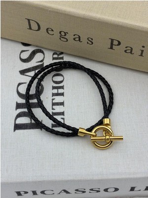 Hedef Bujiteri Siyah Renk Gold Yuvarlak Detaylı Çift Sıra Ip Örgü Detay Bileklik