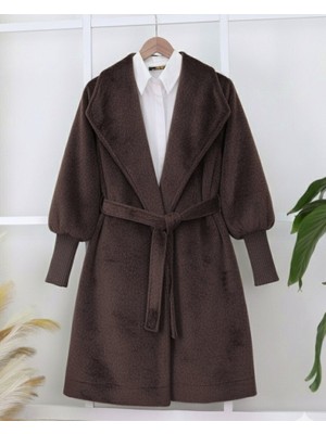 Kolu Ribanalı Şal Yaka Astarlı Kaşe Kaban    -K. Kahve