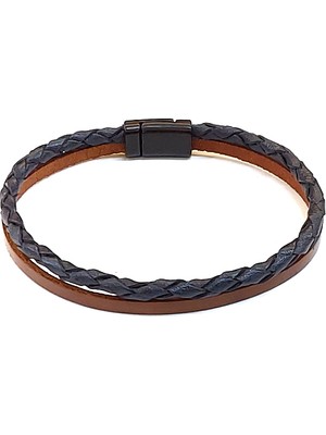 Herşey Nota Navy Brown Pure Braid – Lacivert Örgü & Kahverengi Bant Erkek Deri BILEKLIK-1410