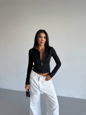 Trendhazan Dalgıç Kumaş Fermuarlı Parmak Geçirme Detaylı Slim-Dar Kalıp Sweatshirt