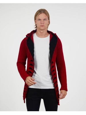 Elku Moda Erkek Kapüşonlu Uzun Triko Hırka Pamuklu Örme Salaş Kapamasız Panço Hırka