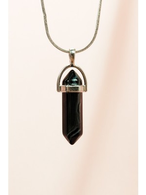 Obsidyen Doğal Taşı Zincirli El Yapımı Tasarımlı Kolye Uç: 3,5 cm Zincir: 20 cm Kutulu