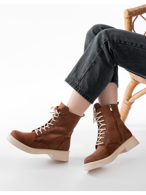 Arda Bayan Bot 02-356 Taba Süet Düz Topuklu Bağcıklı Fermuarlı Günlük Kadın Bot