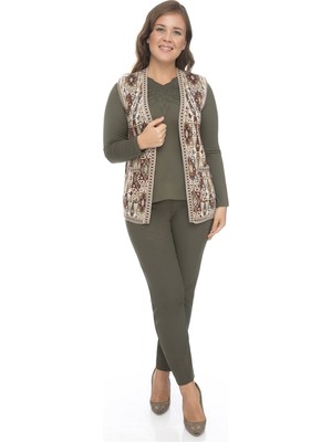 uludağ triko Kadın Taş Etnik Desenli Cepli Kilim Yelek