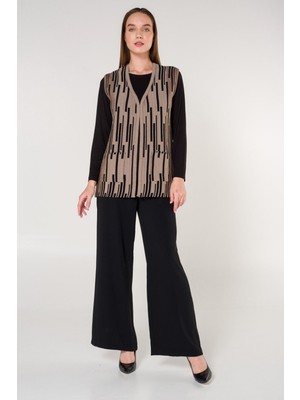 uludağ triko Kadın Kum Şeritli Cepli V Yaka Ekose Triko Anne Yelek