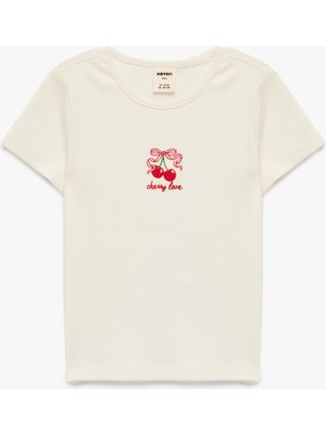 Koton Kısa Kollu Bisiklet Yaka Kiraz Nakışlı Pamuklu Tişört