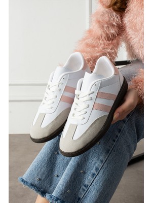 Eformoda Beyaz Pudra Unisex Kadın Erkek  Şeritli Rahat Taban Günlük Sneaker Spor Ayakkabı SM03