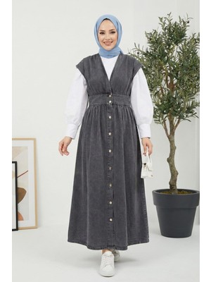 Kadın V Yaka Düğmeli Kot Siyah Jile